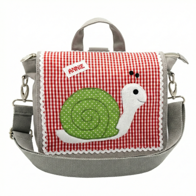 Kindergartenrucksack personalisiert rotweiß kariert mit Schnecke stoffschmiede.com