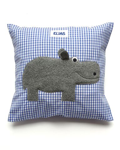 personalisiertes Kuschelkissen mit Nilpferd aus Vichykarostoff 25x 28 cm